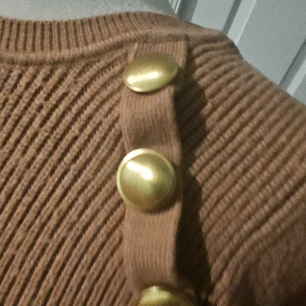Zara Tan Gold Button Puff Sleeve Sweater S - Picture 4 of 9